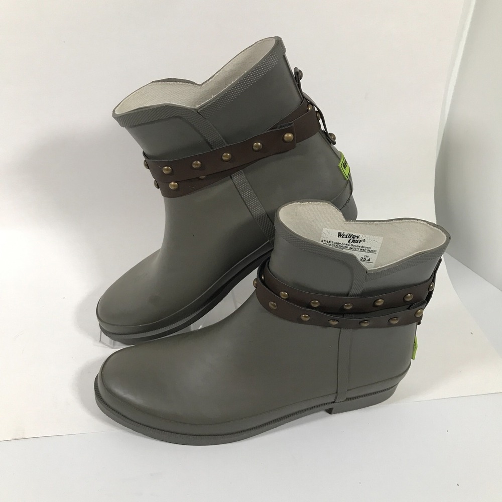 Western Chief Lodge Grey Rubber Rain Boots Womens US 9 Ankle Waterproof Booties